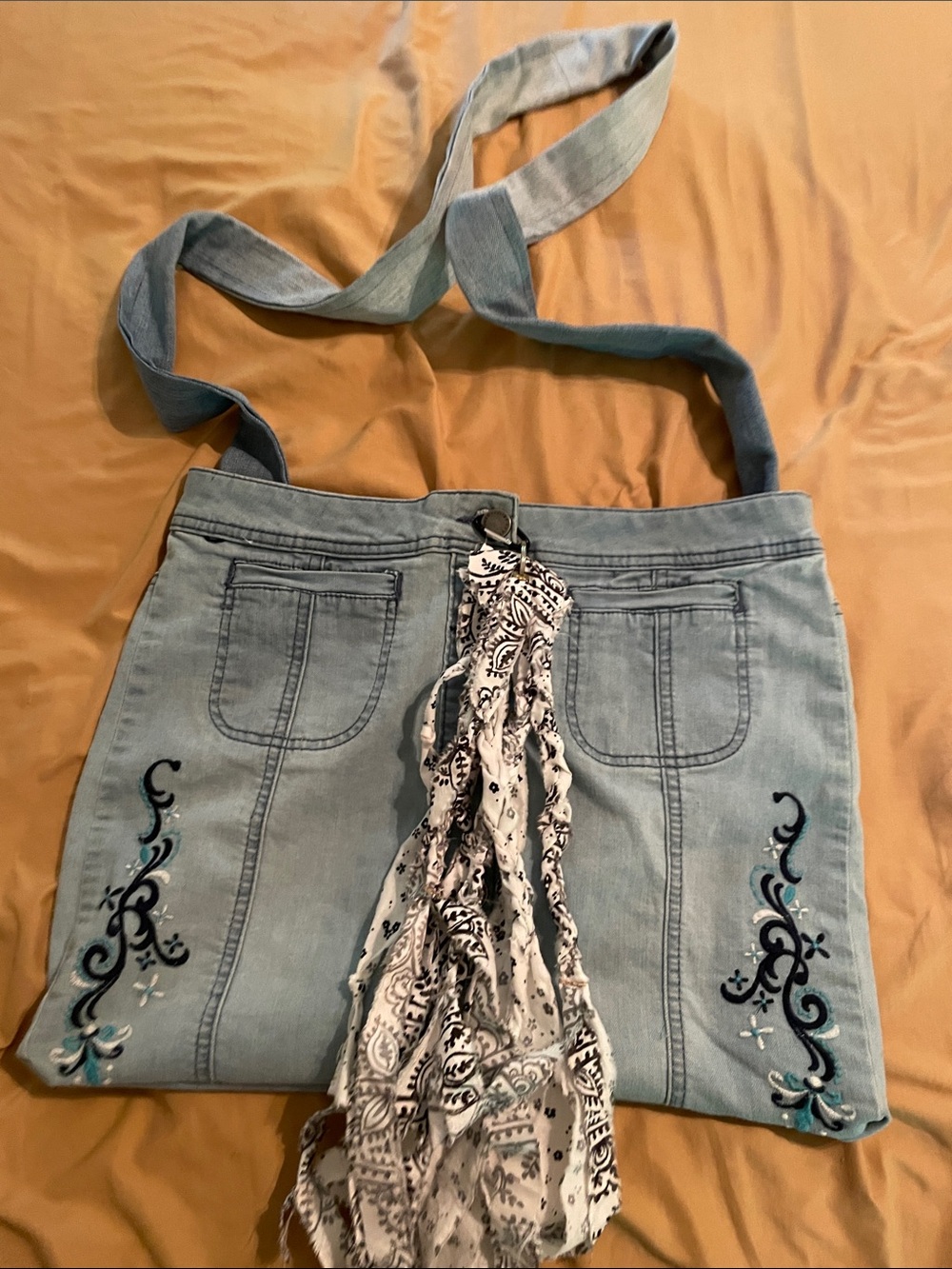 Handmade Embroidered Denim Tote Bag with Raeโs Love Accent lined 18x14
